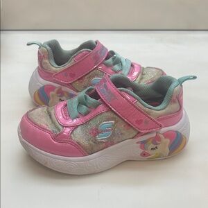 Sparkly Pink Skechers Sport Lights Kids Shoes with Unicorn Design